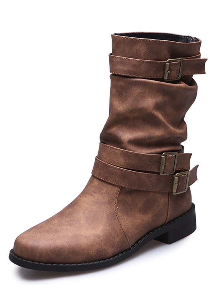 Vintage Buckles Stacked Calf Boots