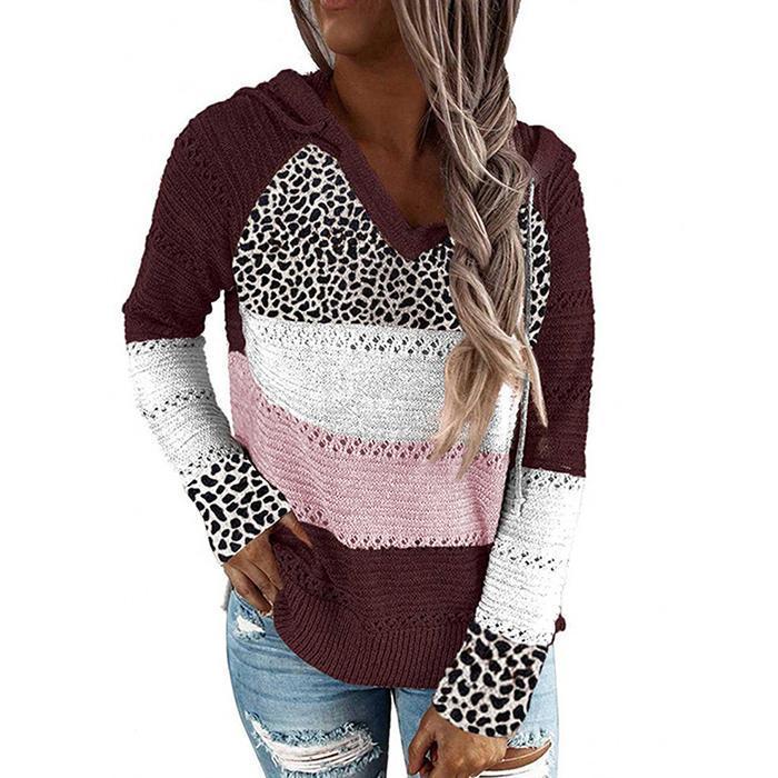 Wisherryy Fashion Hooded Leopard Stitched Knit Sweater