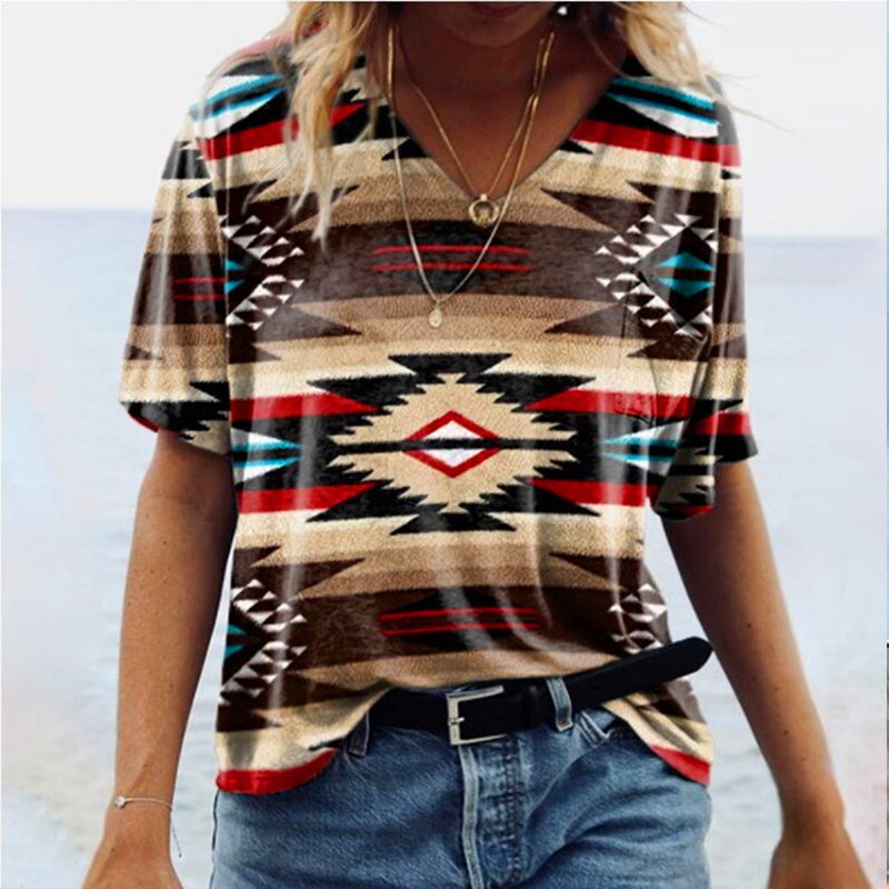 Wisherryy Women's Retro Geometric Print T-shirt