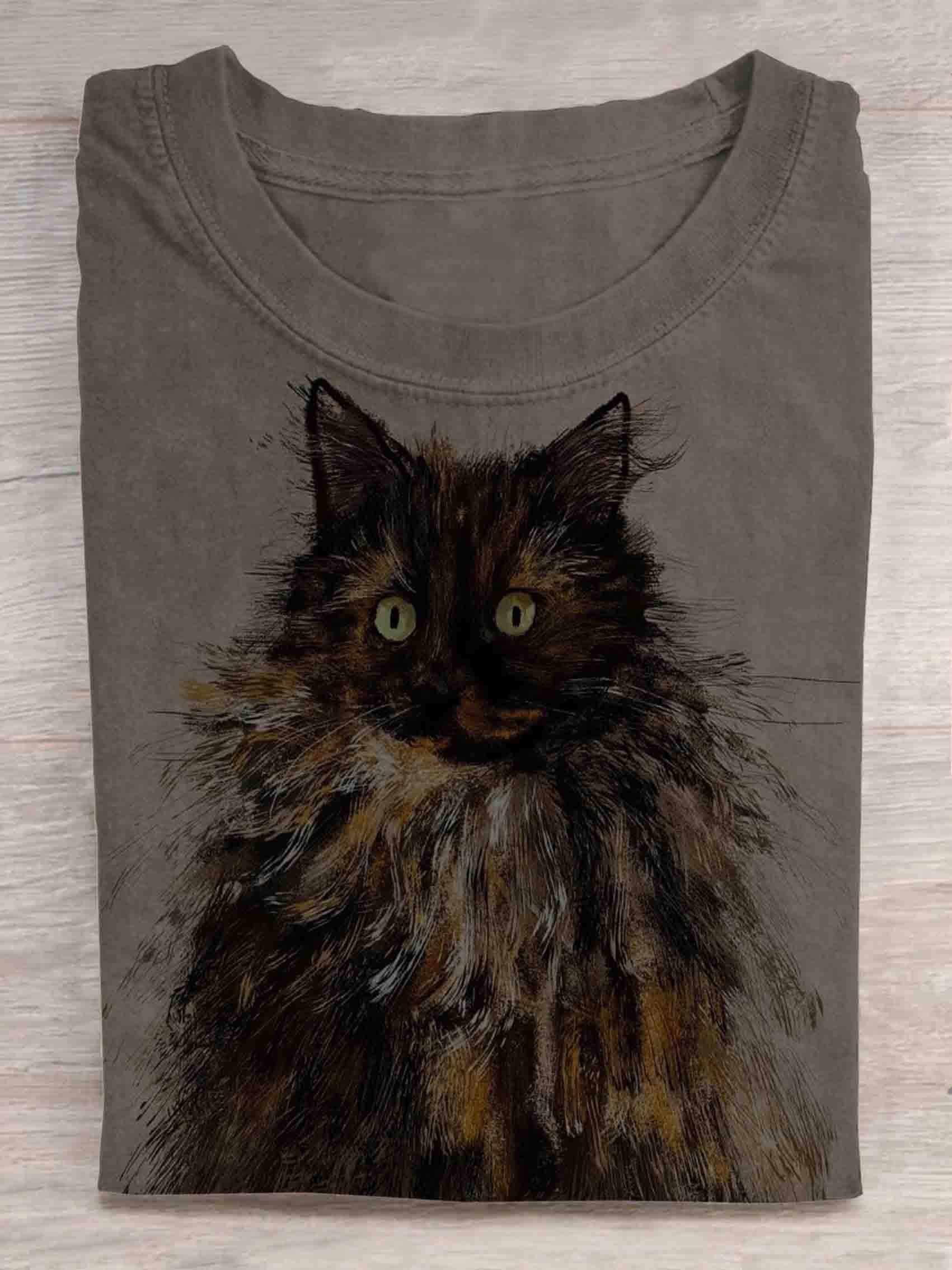 Brown Cat Art Print Casual T-Shirt - Solid