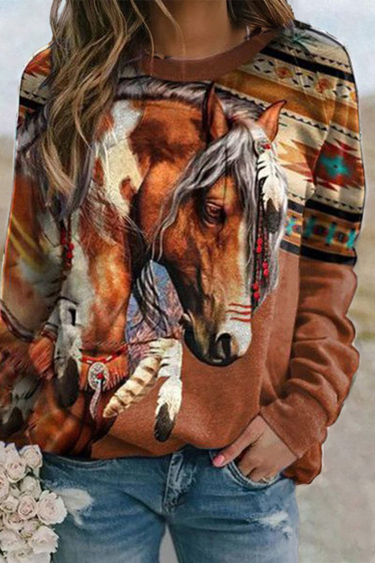 Western Print Crew Neck Long Sleeve Sweatshirt