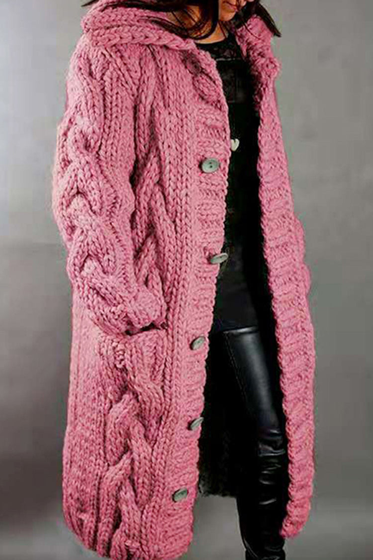 Hooded Solid Color Twist Thick Sweater Cardigan