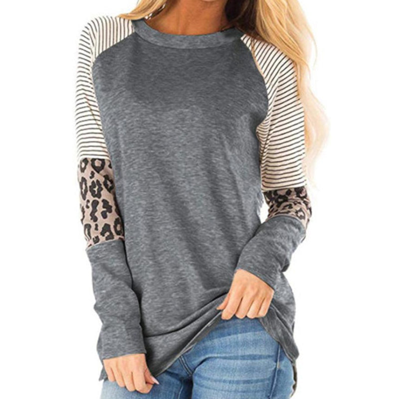 Casual Crew Neck Leopard Print Panled Tunic