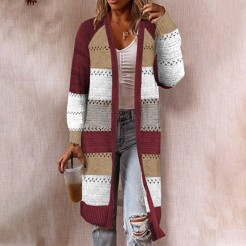 Fashion Color Matching Mid-length Sweater Cardigan