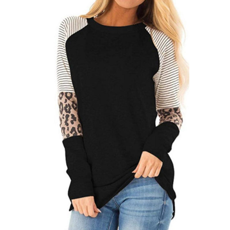 Casual Crew Neck Leopard Print Panled Tunic