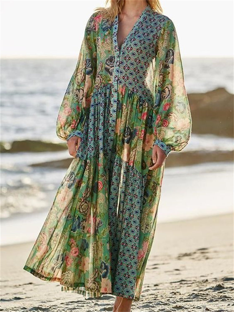 Wisherryy Boho Floral Patchwork Ruffle Maxi Dress