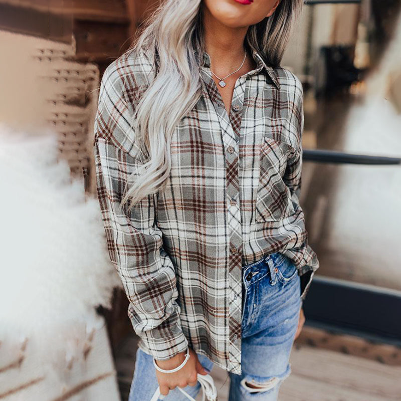 Vintage Plaid Lapel Long Sleeve Shirt