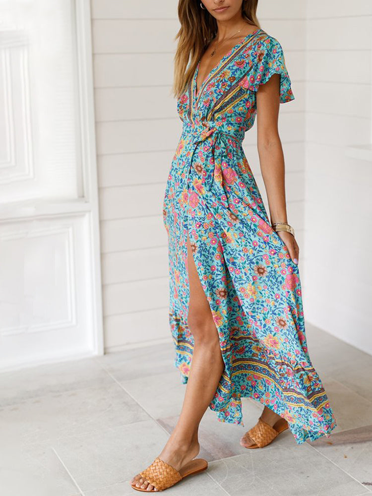 Wisherryy Floral Print V-Neck Wrap Maxi Dress