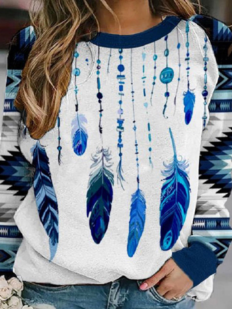 Casual Western Feather Print Sweatshirt