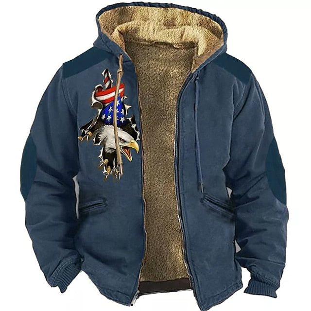 Men's Eagle & Flag Graphic Hoodie - Streetwear Fleece Jacket