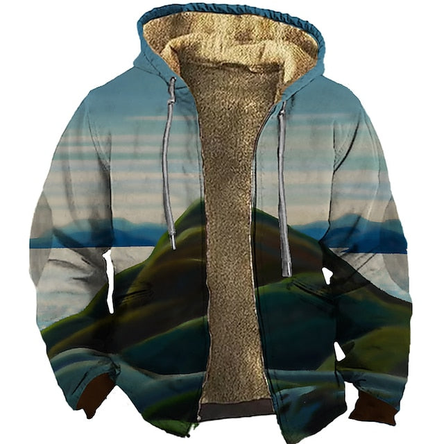 Men's Landscape Graphic Zip Hoodie - Streetwear Fleece