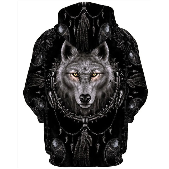 Men's Wolf Graphic Fleece Hoodie - Streetwear Zip Jacket